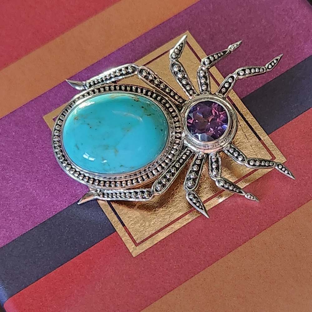 NICKY BUTLER 925 Sterling Silver Turquoise Amethyst Spider Brooch Pendant NB π· - Picture 5 of 13